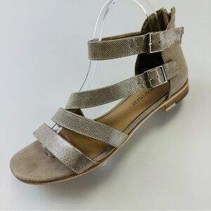 Marco Tozzi soft gold flat sandals Size 40 strappy low heel back zip ankle strap